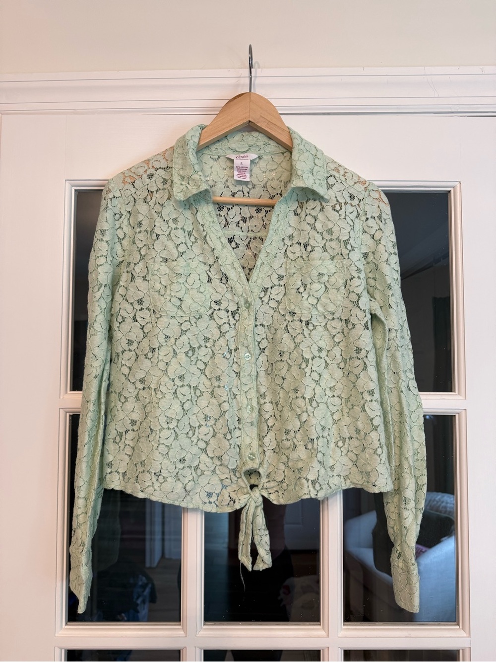 Candie's Mint Green Crochet Lace Tie-Front Button Down Shirt